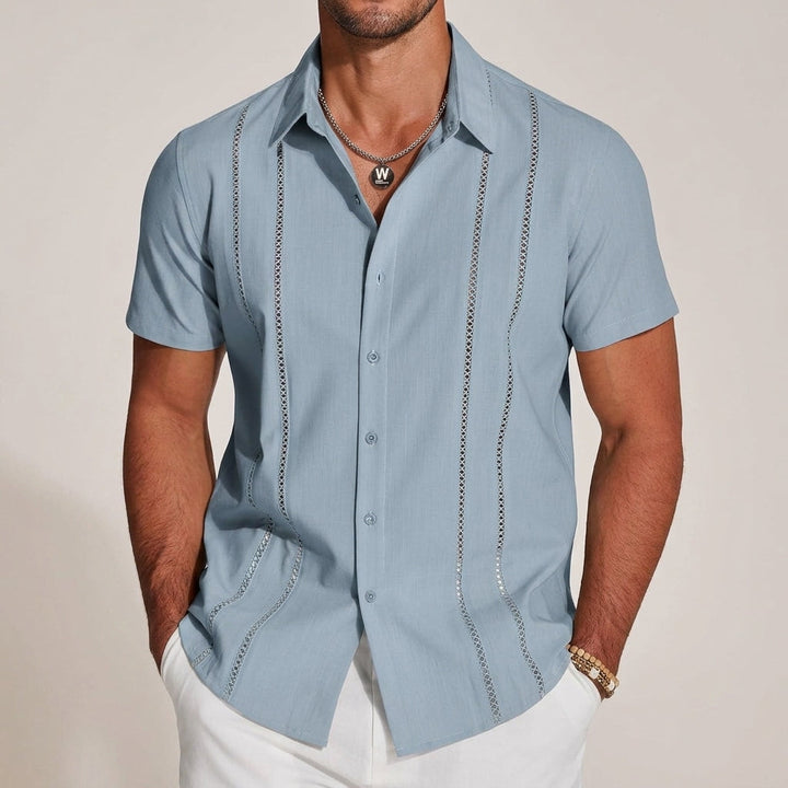 Men's relaxed fit linen guayabera shirt with button-up front