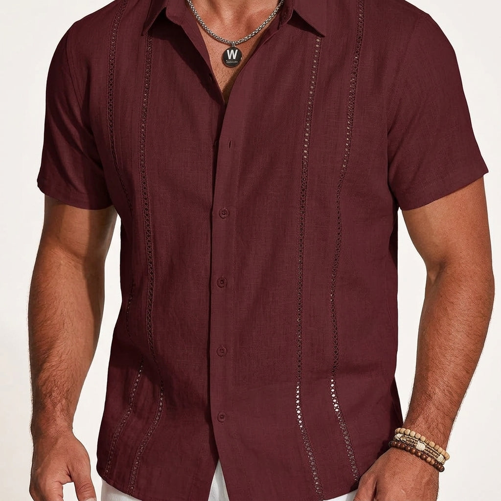 Close-up of breathable linen fabric on the men's guayabera shirt