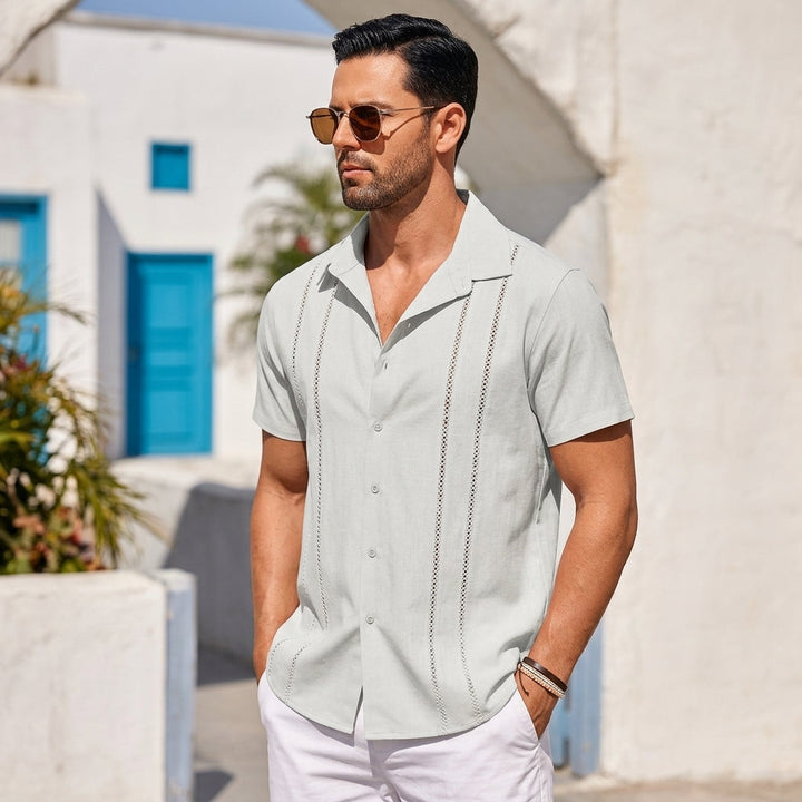 Men's linen guayabera shirt styled for coastal summer wear