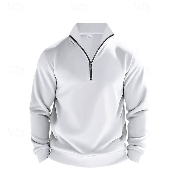 Men's stand collar jumper showing the ribbed neckline