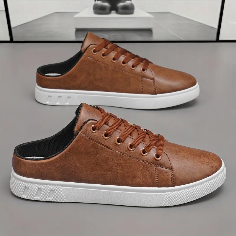 Men's leather mule trainers showing the slip-on mule design