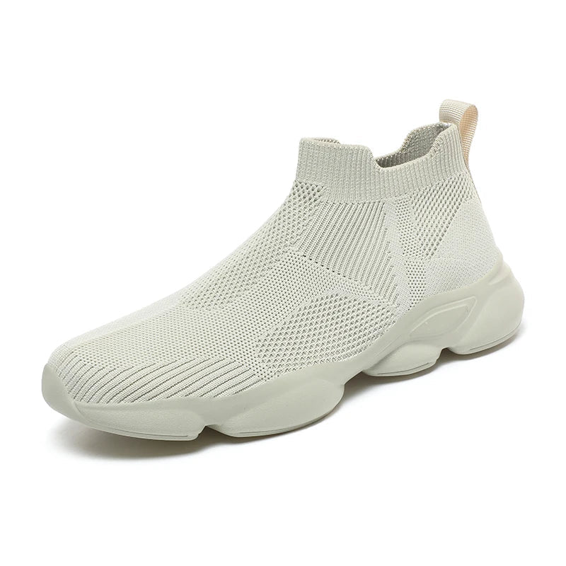 Angled product shot of men's black high-top knit trainers for casual wear
