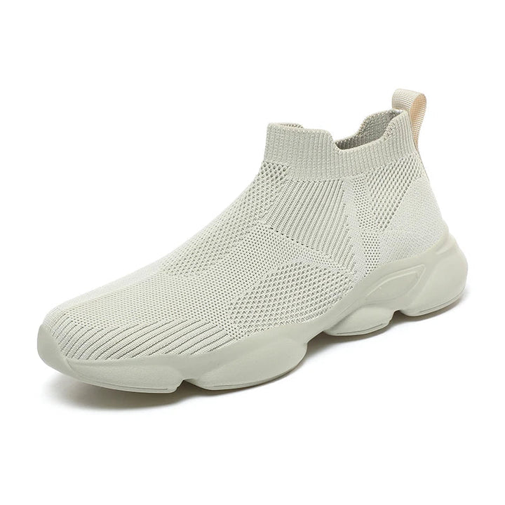 Angled product shot of men's black high-top knit trainers for casual wear