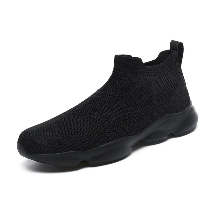 Close-up of the knit upper on men's black high-top sock sneakers