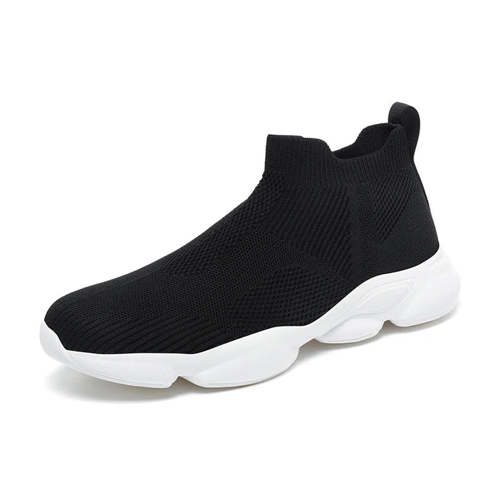 Men's black high-top trainers highlighting the flexible pull-on sock fit