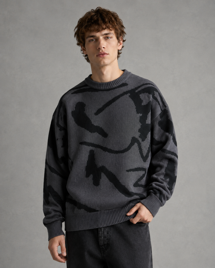 Full view of the men's graphic knit sweater