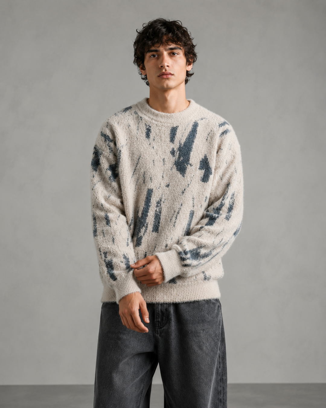 Close-up of the fuzzy brushed knit texture on the jumper
