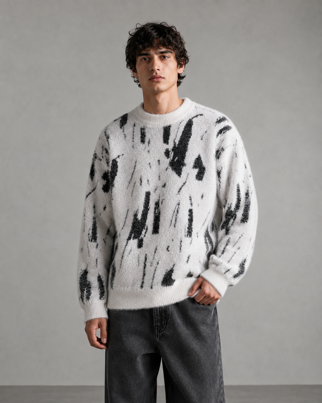 Side view of the relaxed-fit brushed knit jumper
