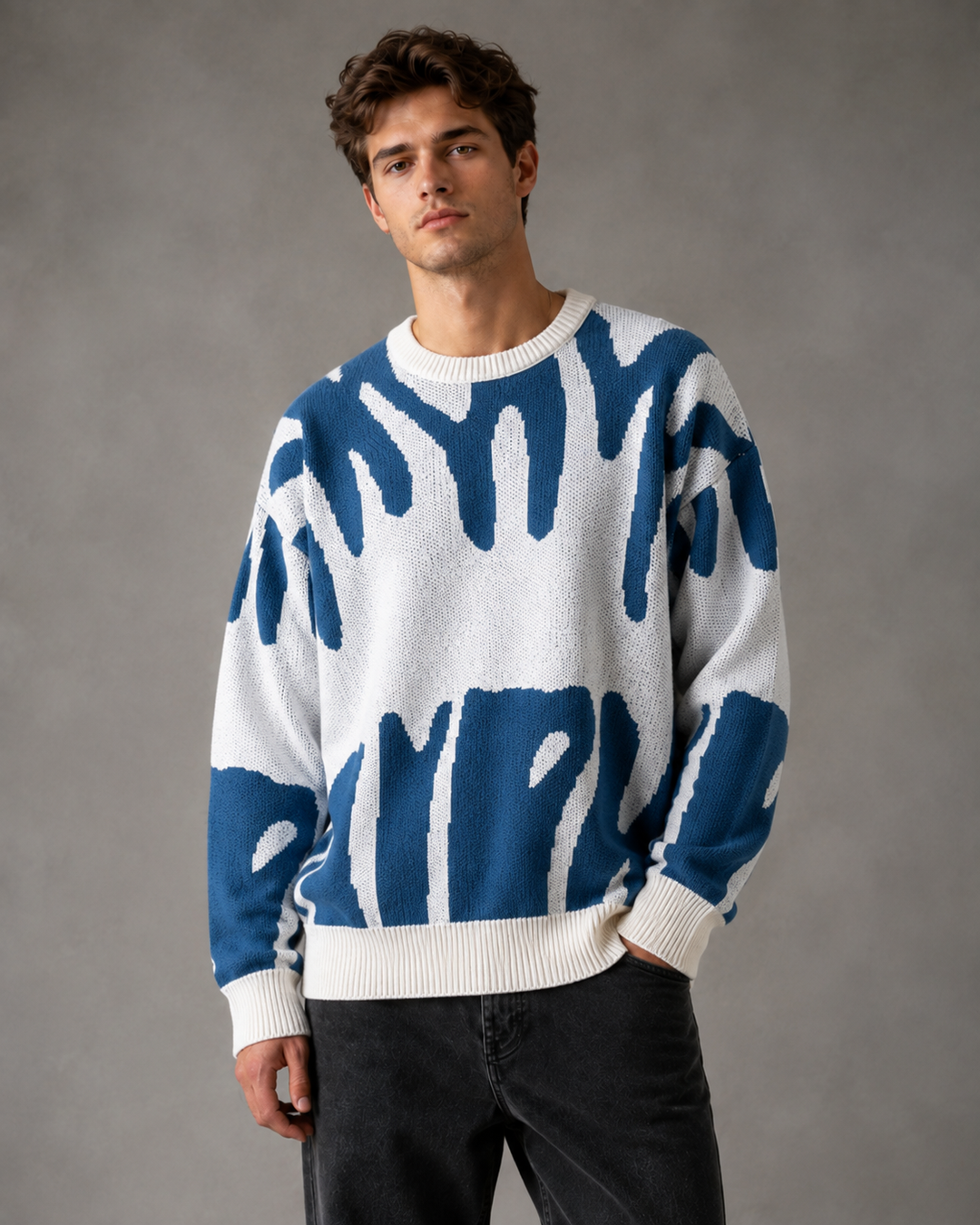 Back view of the men's relaxed-fit abstract knit jumper