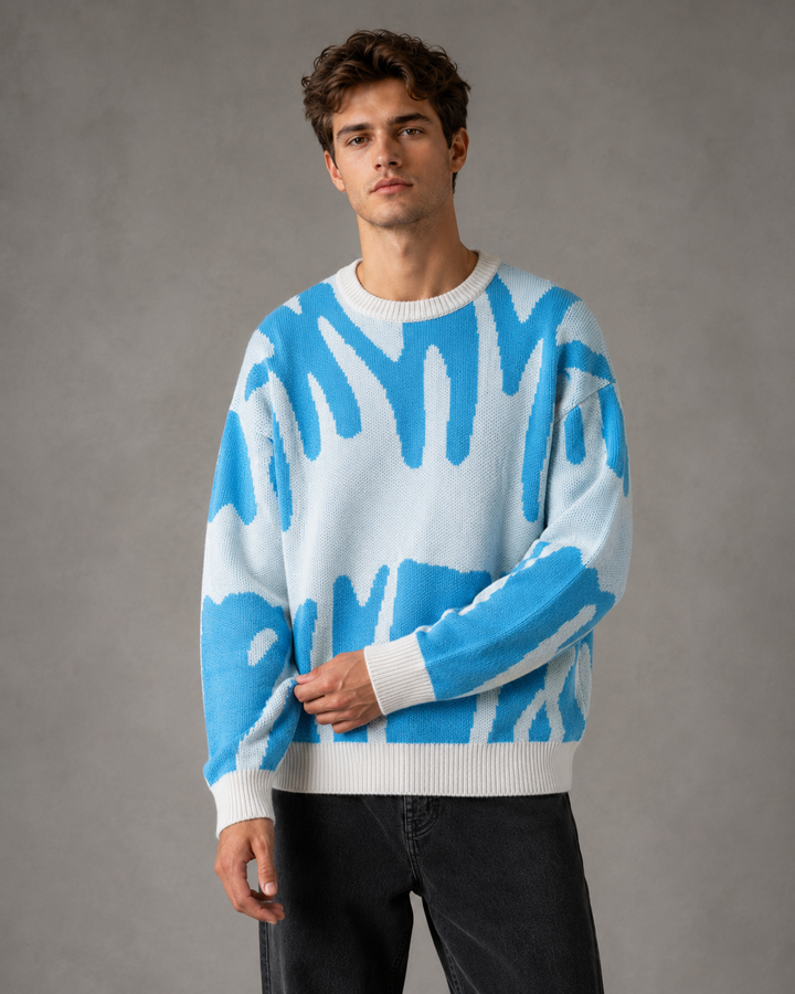 Detail of the knitted texture and neckline on the men's jumper