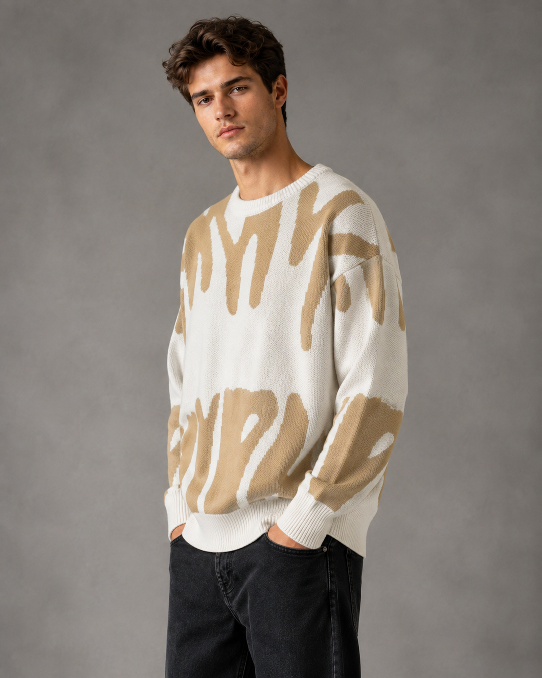 Men's abstract jumper styled as a casual streetwear layer