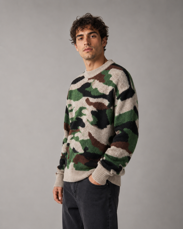 Men's camouflage knit jumper shown from the front with a relaxed crew neck fit