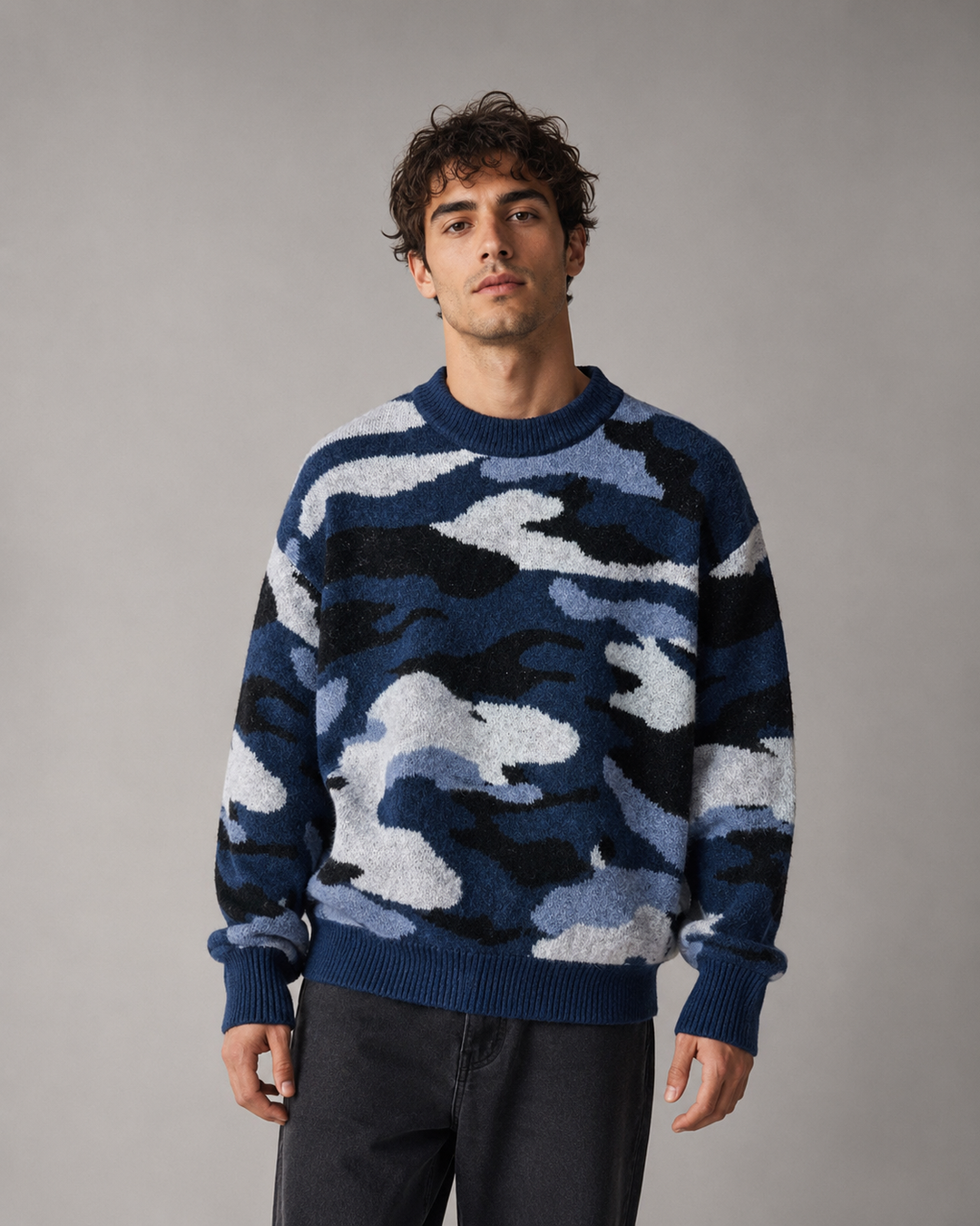 Men's camouflage knit jumper presented as a versatile casual layering piece