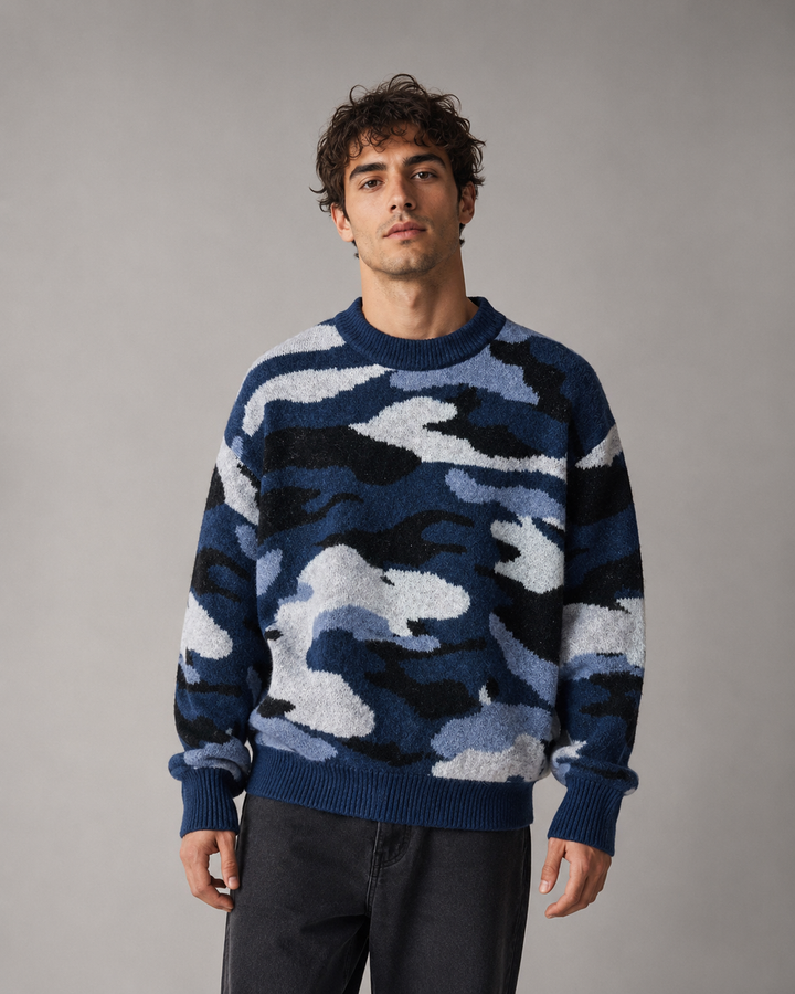 Men's camouflage knit jumper presented as a versatile casual layering piece