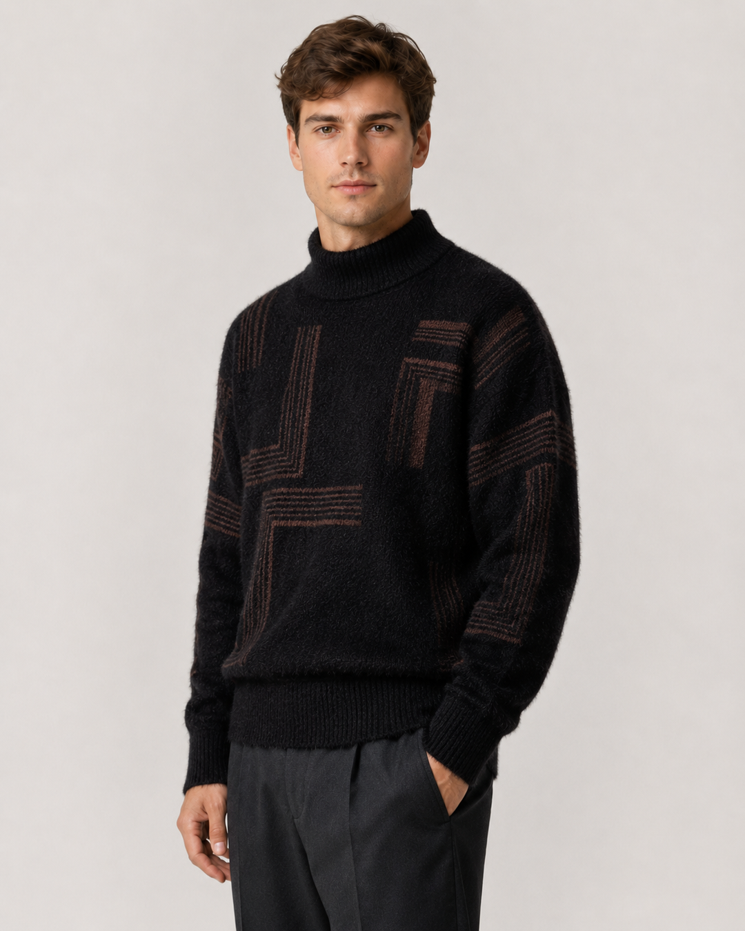 Men's brushed knit funnel neck jumper shown from the front
