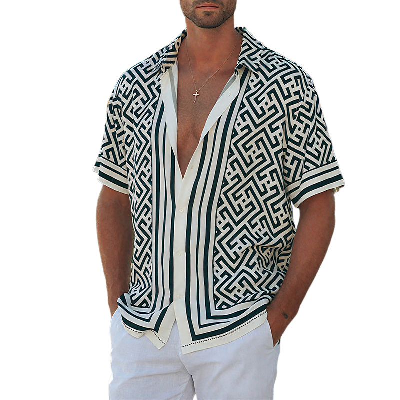 Front view of men's geometric print short sleeve shirt with lapel collar