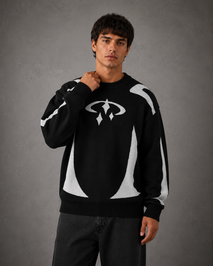 Side view of the men's graphic knit crew neck jumper