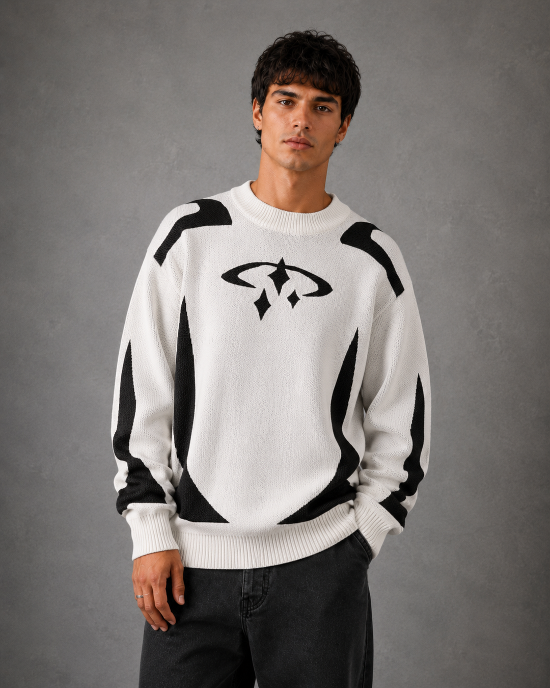 Full-length view of the relaxed-fit men's knit jumper