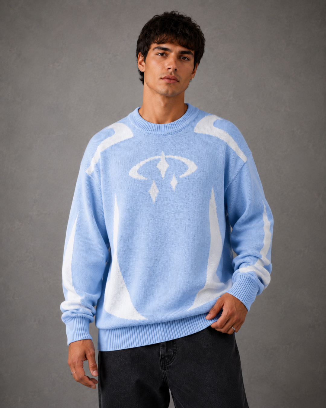 Men's graphic knit crew neck jumper shown from the front