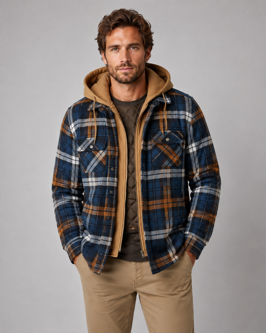 Men's hooded plaid quilted shacket shown from the front