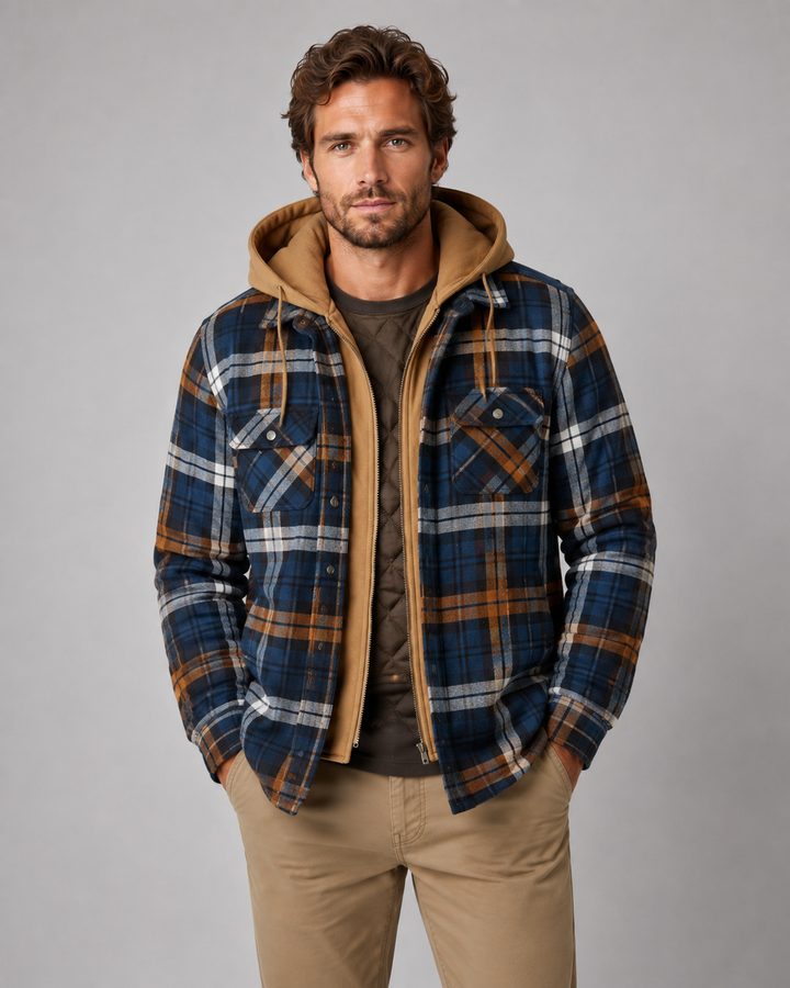 Men's hooded plaid quilted shacket shown from the front