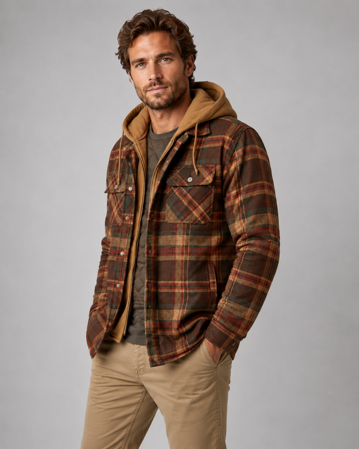 Men's plaid shacket with a cosy quilted lining and hood
