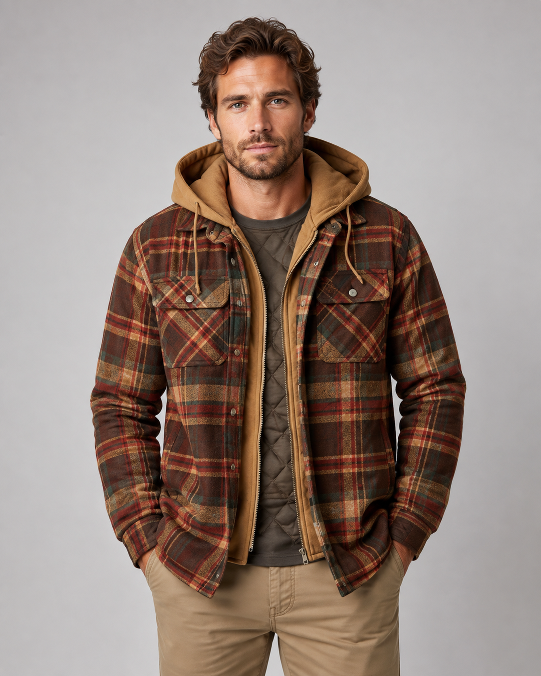 Hooded men's shacket featuring a full zip front
