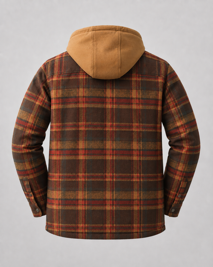 Men's shacket showing the attached hood and front zip