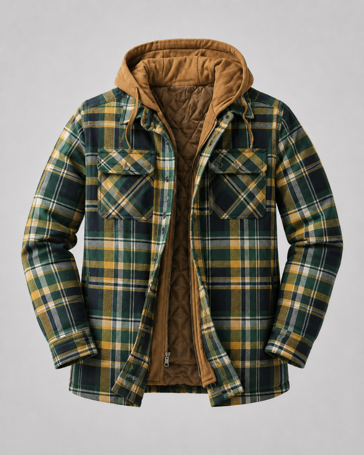 Quilted plaid shacket styled as a casual layering piece