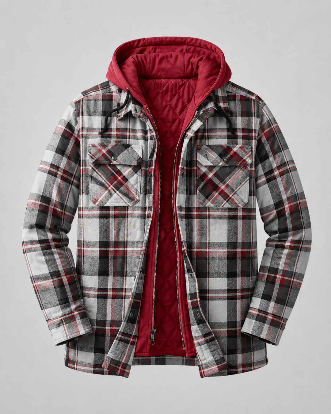 Back view of the hooded plaid quilted shacket