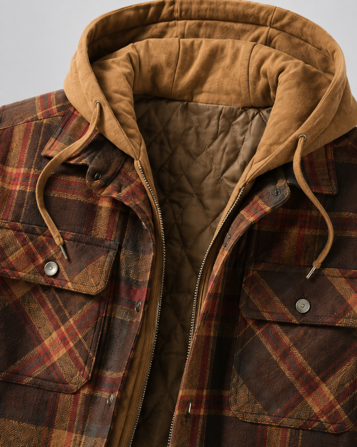 Close-up of the plaid pattern on a quilted men's shacket