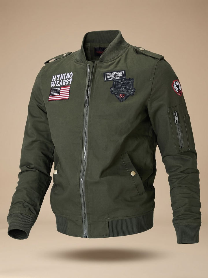 Close-up of the military patch detail on the bomber jacket
