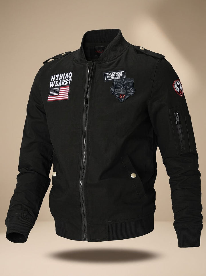 Side view of men's zip-up bomber jacket