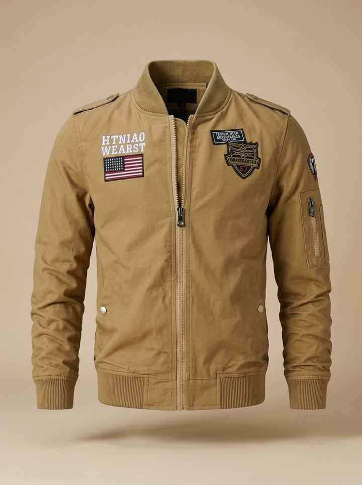 Back view of the men's military patch bomber jacket