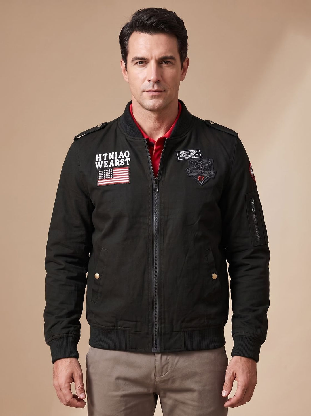 Detail of the zip fastening and ribbed collar on the jacket