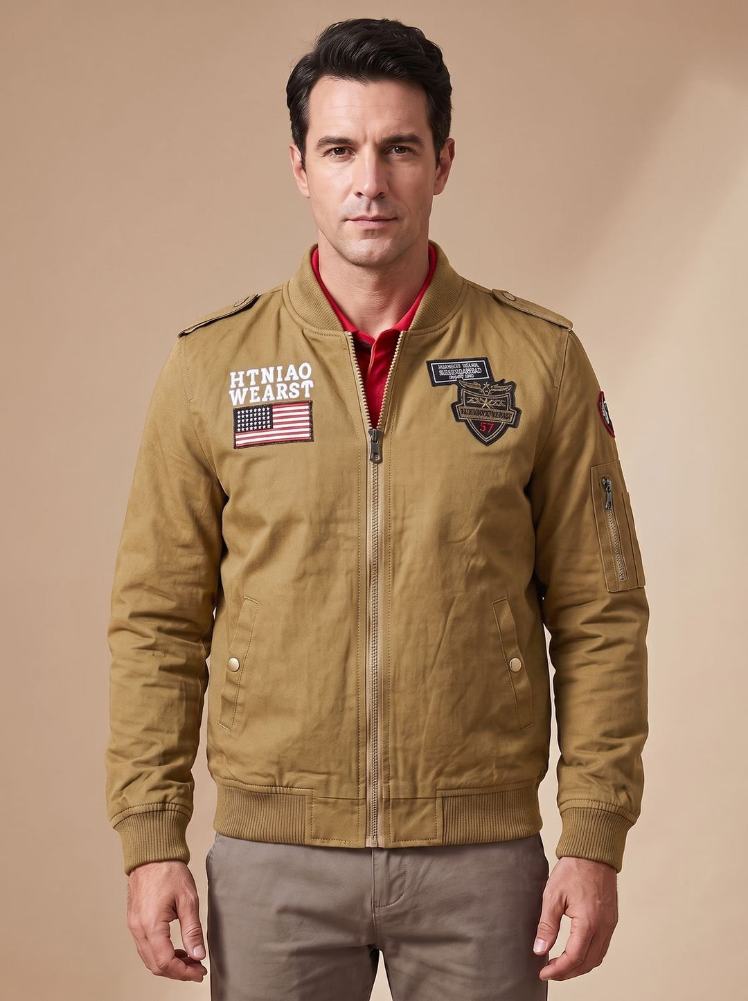 Men's Military Patch Zip Up Bomber Jacket