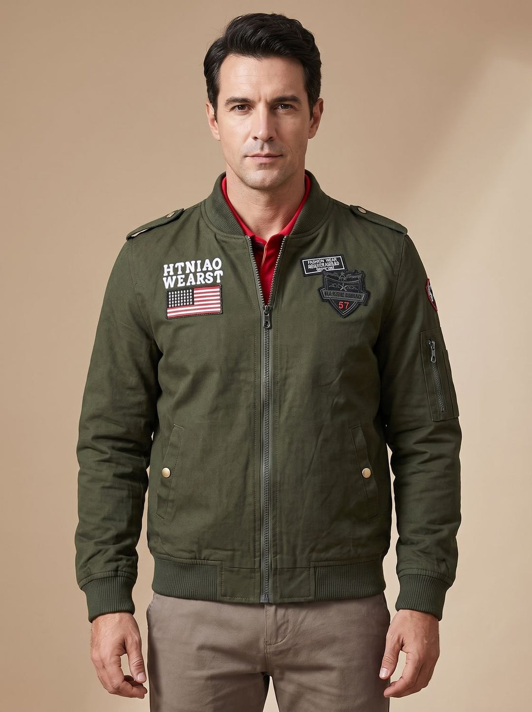 Men's military patch bomber jacket shown from the front