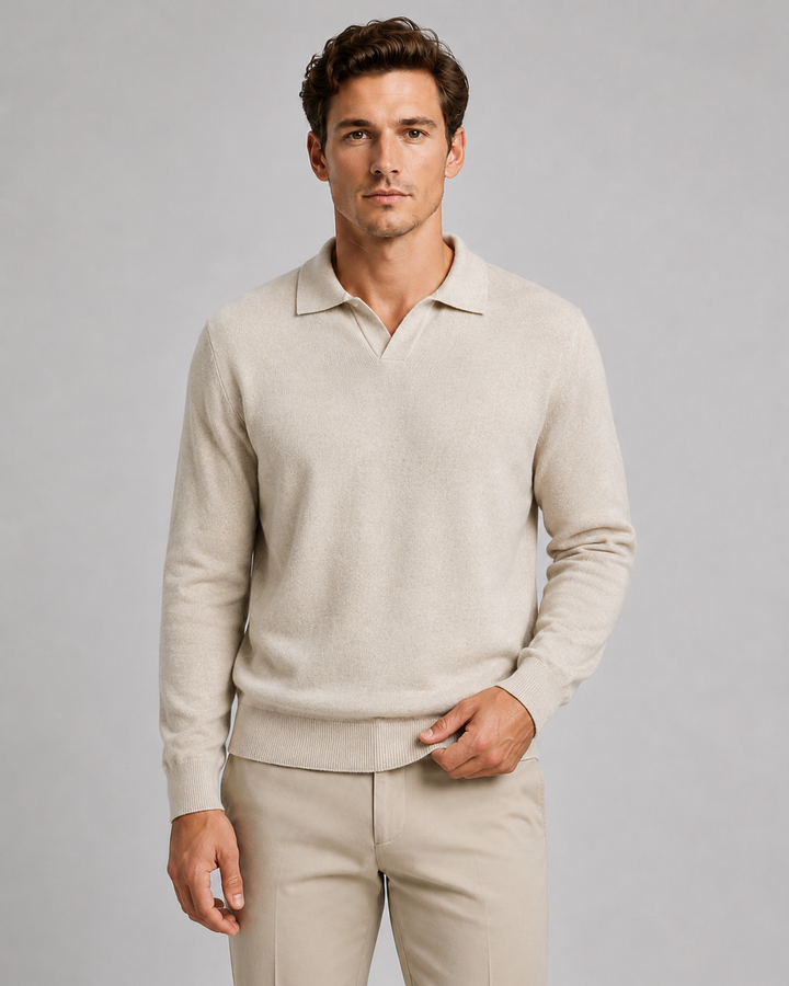 Side view of men's fine-knit open-collar polo