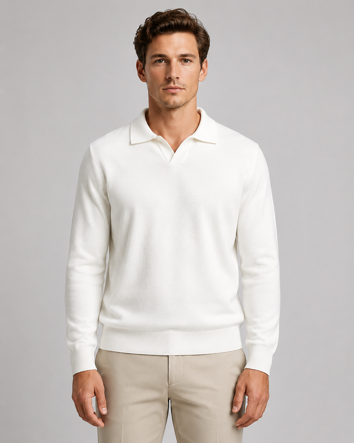 Detail of the ribbed hem on a fine-knit men's polo