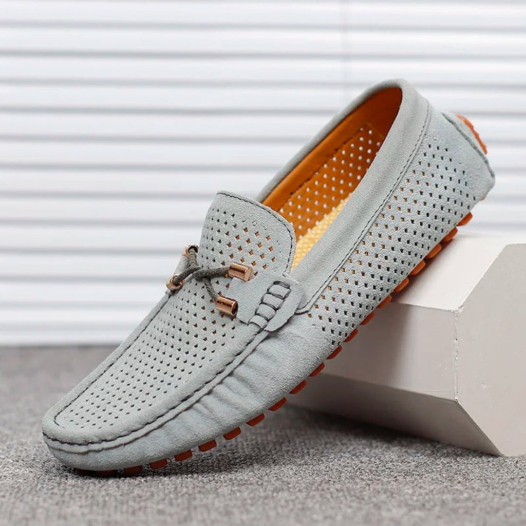 Close-up of the slip-on opening and suede upper
