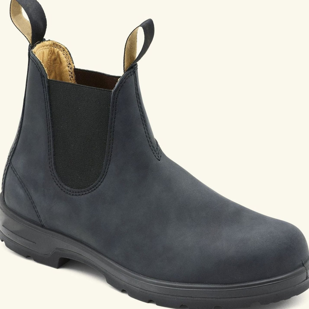 Pair of men's premium leather Chelsea boots shown from the side