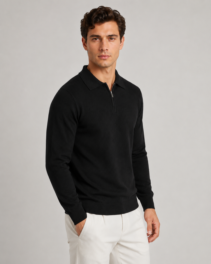 Close-up of the quarter-zip collar on a men's polo sweater