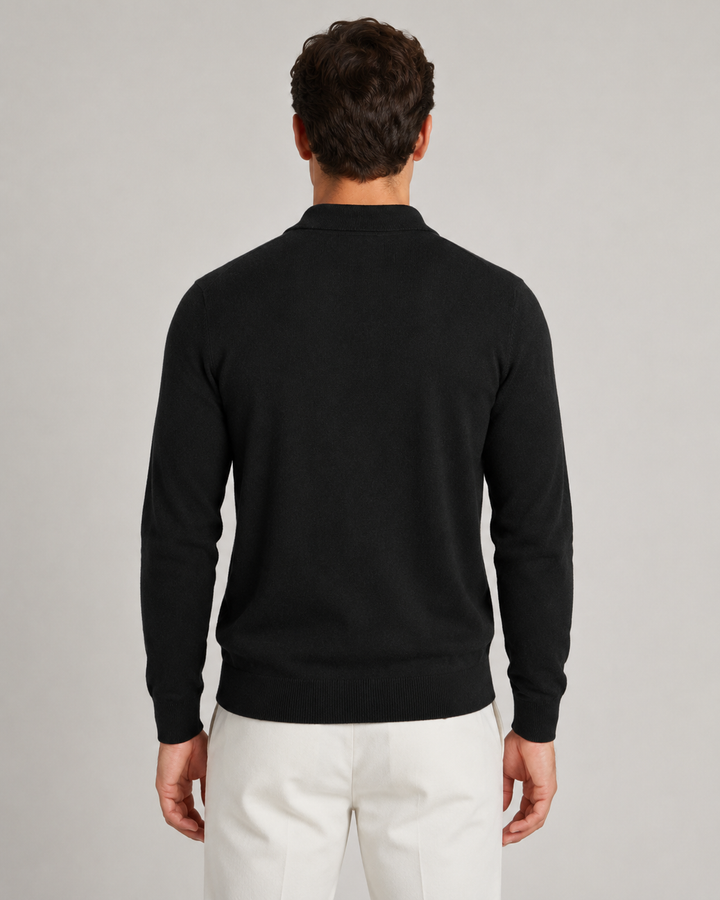 Detail of the fine-knit texture on a men's polo sweater