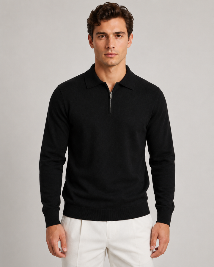Side view of a men's quarter-zip fine-knit polo sweater