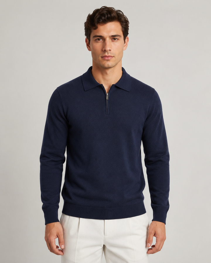 Full view of the men's quarter-zip fine-knit polo sweater