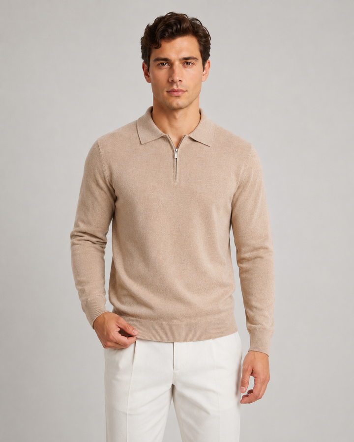 Men's fine-knit polo sweater with quarter-zip front