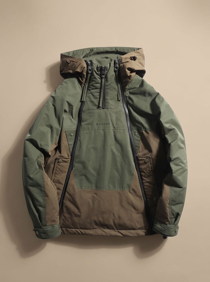 Close-up of the quilted fabric and half-zip fastening