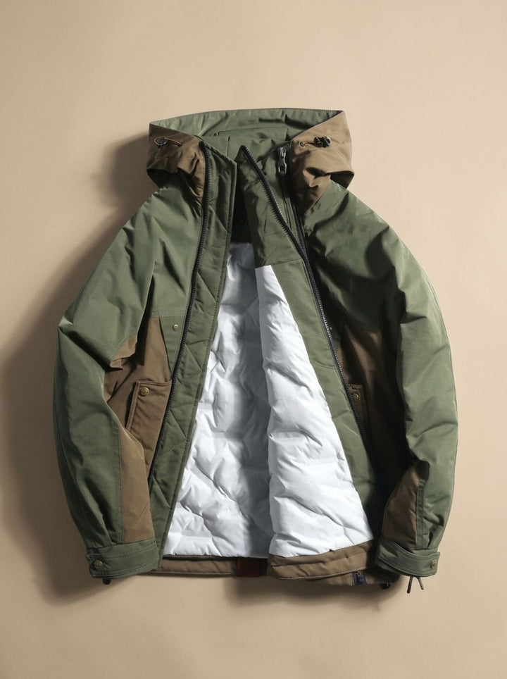 Men's anorak jacket showing the hood and padded quilted design