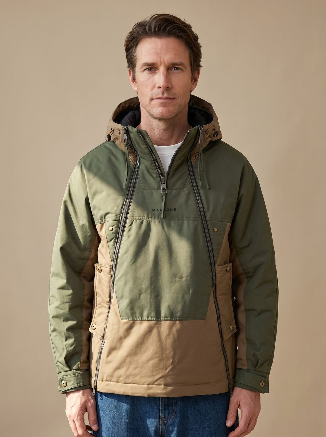 Men's quilted hooded anorak jacket with a half-zip front