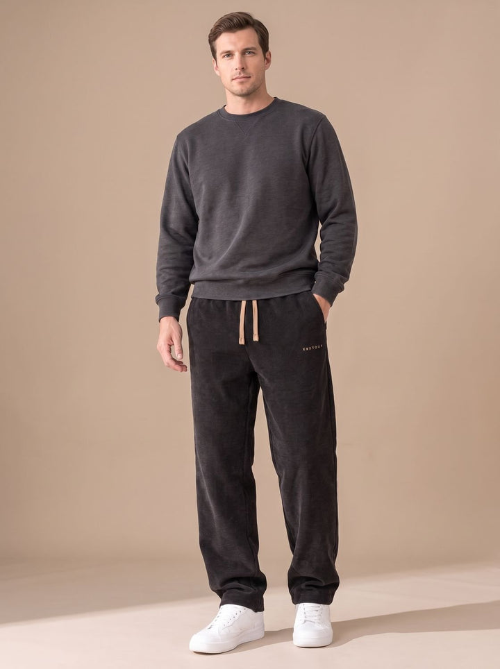 Close-up of the soft corduroy texture on men's relaxed-fit trousers